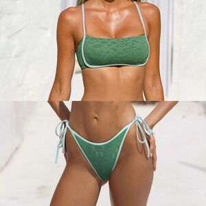 Berlook Floral Jacquard X Cross Bikini Dark Green Blue SMALL NWT